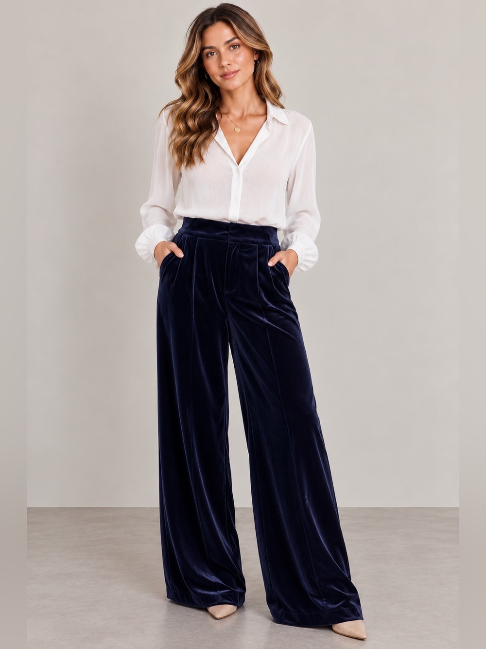 Dark Navy Black Velvet high waist Wide-Leg Pants